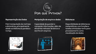 Por que Python?
Representação dos Dados
Fácil manipulação de matrizes
e dicionários, principalmente
aliado as bibliotecas pandas e
numpy.
Manipulação de arquivo e dados
Capacidade de guardar e
manipular informações, além de
eficientes métodos de leitura e
escrita em arquivos.
Bibliotecas
Disponibilidade de bibliotecas
matemáticas, com funções e
tarefas otimizadas tanto para
processamento como
visualização de dados.
 