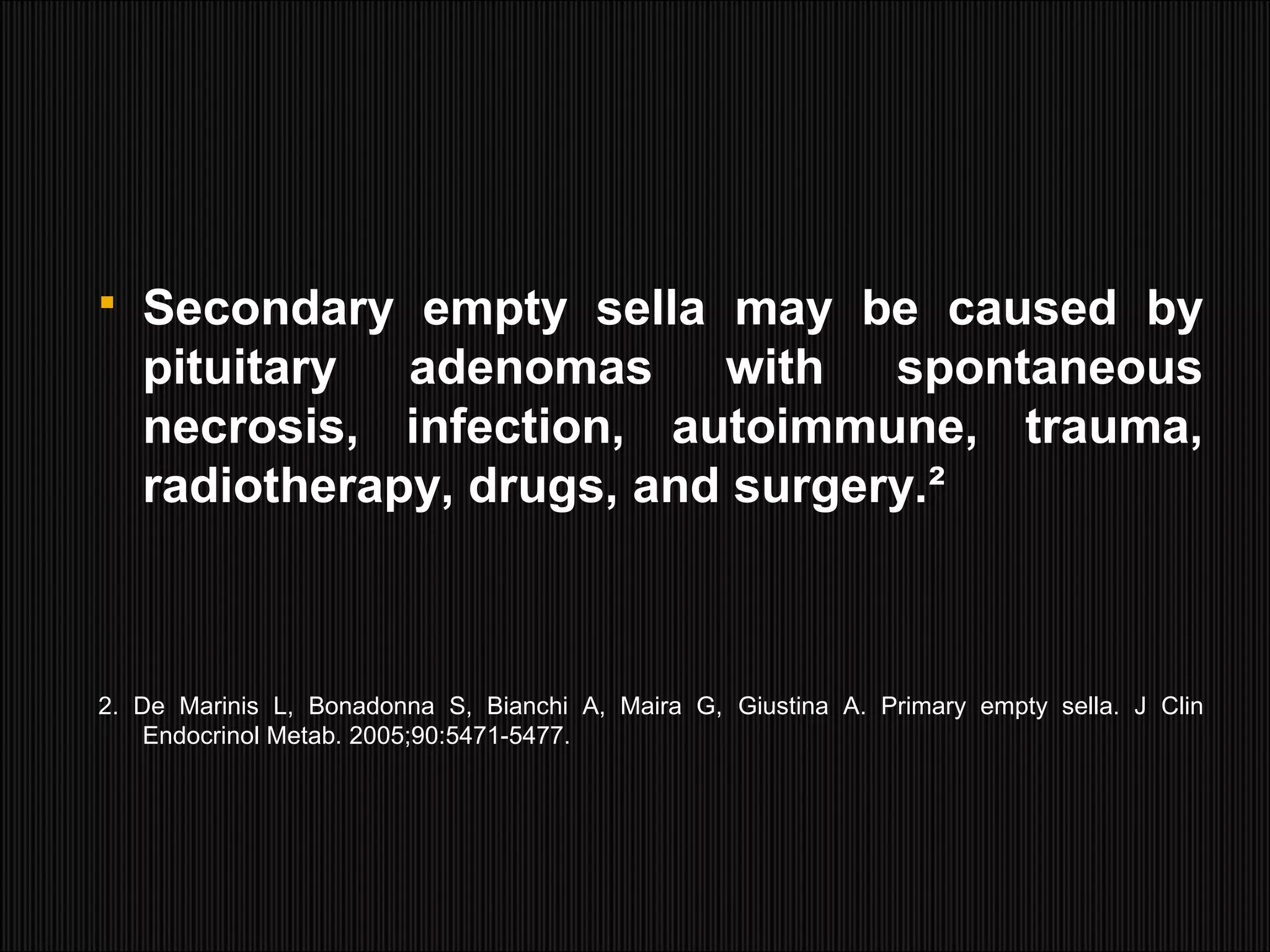  Secondary empty sella may be caused by
pituitary adenomas with spontaneous
necrosis, infection, autoimmune, trauma,
radiotherapy, drugs, and surgery.²
2. De Marinis L, Bonadonna S, Bianchi A, Maira G, Giustina A. Primary empty sella. J Clin
Endocrinol Metab. 2005;90:5471-5477.
 