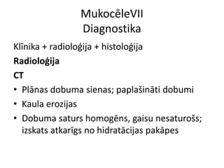 MukocēleVII
Diagnostika
Klīnika + radioloģija + histoloģija
Radioloģija
CT
• Plānas dobuma sienas; paplašināti dobumi
• Kaula erozijas
• Dobuma saturs homogēns, gaisu nesaturošs;
izskats atkarīgs no hidratācijas pakāpes
 