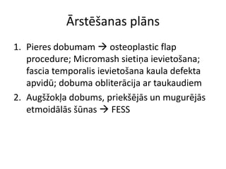 Ārstēšanas plāns
1. Pieres dobumam  osteoplastic flap
procedure; Micromash sietiņa ievietošana;
fascia temporalis ievietošana kaula defekta
apvidū; dobuma obliterācija ar taukaudiem
2. Augšžokļa dobums, priekšējās un mugurējās
etmoidālās šūnas  FESS
 