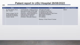 Patient report In USU Hospital 28/08/2022
No Name Diagnosis Therapy Description (Inpatient)
1 Mr. Tahan Siahaan, 48 y.o
MR : 17.40.59
Doctor in Charge : Prof. Dr.
dr. Noni Novisari Soeroso,
M.Ked (Paru) Sp.P(K)Onk.
Consult : Internist
• Left Fibrothoraks + VCSS d/t Left lung
tumor (unknown type) T4NxMx stage
IIIA ECOG 1 + Community acquired
pneumonia + Severe exacerbation of
COPD with non life threatening
respiratory failure + High risk
thrombosis + Electrolyte imbalance
IVFD NaCl 0.9% 20 gtt/i
inj. Ceftriaxone 1g/12 hours
inj. Ranitidine 50 mg/12 hours
inj. Methylprednisolone 62.5 mg/12 hours
Nebul Ventolin 2.5mg/8hour
NAC 3x200mg
PCT 3x500mg
Planning : CT Scan Thorax IV Contrast
Mahoni
ER
 