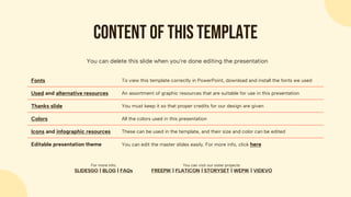 Fonts To view this template correctly in PowerPoint, download and install the fonts we used
Used and alternative resources An assortment of graphic resources that are suitable for use in this presentation
Thanks slide You must keep it so that proper credits for our design are given
Colors All the colors used in this presentation
Icons and infographic resources These can be used in the template, and their size and color can be edited
Editable presentation theme You can edit the master slides easily. For more info, click here
You can delete this slide when you’re done editing the presentation
For more info:
SLIDESGO | BLOG | FAQs
You can visit our sister projects:
FREEPIK | FLATICON | STORYSET | WEPIK | VIDEVO
Content of this template
 
