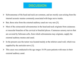 DISCUSSION
 Schwannomas of the head and neck are common, and are mostly seen arising from the
internal acoustic meatus commonly associated with large nerve trunks.
 But, those arise from the external auditory canal are very rare [3].
 Most of the extracranial schwannomas in the head and neck originate from cutaneous
or muscular branches of the cervical or brachial plexus. Cutaneous sensory nerves that
are covered by Schwann cells, from which schwannoma may originate, supply the
external auditory meatus and canal.
 In the present case the tumor was located mainly at the inferior canal wall, which was
supplied by the auricular nerve [1].
 This cases was conducted in the age ranges 18-59 years patients with mass in their
external auditory canal.
 