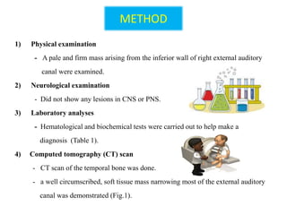 METHOD
1) Physical examination
- A pale and firm mass arising from the inferior wall of right external auditory
canal were examined.
2) Neurological examination
- Did not show any lesions in CNS or PNS.
3) Laboratory analyses
- Hematological and biochemical tests were carried out to help make a
diagnosis (Table 1).
4) Computed tomography (CT) scan
- CT scan of the temporal bone was done.
- a well circumscribed, soft tissue mass narrowing most of the external auditory
canal was demonstrated (Fig.1).
 