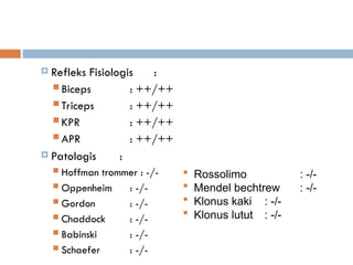  Refleks Fisiologis :
 Biceps : ++/++
 Triceps : ++/++
 KPR : ++/++
 APR : ++/++
 Patologis :
 Hoffman trommer : -/-
 Oppenheim : -/-
 Gordon : -/-
 Chaddock : -/-
 Babinski : -/-
 Schaefer : -/-
 Rossolimo : -/-
 Mendel bechtrew : -/-
 Klonus kaki : -/-
 Klonus lutut : -/-
 