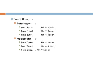  Sensibilitas :
 Eksteroseptif :
 Rasa Raba : Kiri = Kanan
 Rasa Nyeri : Kiri = Kanan
 Rasa Suhu : Kiri = Kanan
 Propioseptif :
 Rasa Getar : Kiri = Kanan
 Rasa Gerak : Kiri = Kanan
 Rasa Sikap : Kiri = Kanan
 