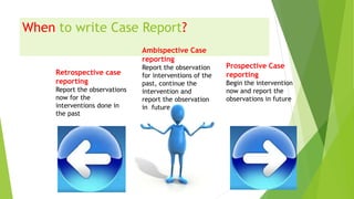 When to write Case Report?
Prospective Case
reporting
Begin the intervention
now and report the
observations in future
Retrospective case
reporting
Report the observations
now for the
interventions done in
the past
Ambispective Case
reporting
Report the observation
for interventions of the
past, continue the
intervention and
report the observation
in future
 