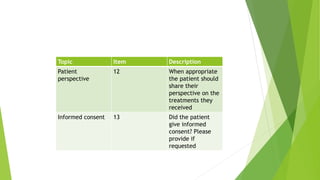 Topic Item Description
Patient
perspective
12 When appropriate
the patient should
share their
perspective on the
treatments they
received
Informed consent 13 Did the patient
give informed
consent? Please
provide if
requested
 