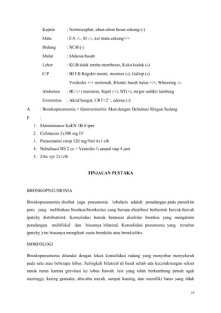 10
Kepala : Normocephal, ubun-ubun besar cekung (-)
Mata : CA -/-, SI -/-, kel mata cekung+/+
Hidung : NCH (-)
Mulut : Mukosa basah
Leher : KGB tidak teraba membesar, Kaku kuduk (-)
C/P : BJ I II Reguler murni, murmur (-), Gallop (-)
Vesikuler +/+ melemah, Rhonki basah halus +/+, Wheezing -/-
Abdomen : BU (+) menurun, Supel (+), NT(+), turgor sedikit lambang
Extremitas : Akral hangat, CRT<2’’, edema (-)
A : Bronkopneumonia + Gastroenteritis Akut dengan Dehidrasi Ringan Sedang
P :
1. Maintainance KaEN 1B 8 tpm
2. Cefotaxim 3x300 mg IV
3. Parasetamol sirup 120 mg/5ml 4x1 cth
4. Nebulisasi NS 2 cc + Ventolin ½ ampul tiap 4 jam
5. Zinc syr 2x1cth
TINJAUAN PUSTAKA
BRONKOPNEUMONIA
Bronkopneumonia disebut juga pneumonia lobularis adalah peradangan pada parenkim
paru yang melibatkan bronkus/bronkiolus yang berupa distribusi berbentuk bercak-bercak
(patchy distribution). Konsolidasi bercak berpusat disekitar bronkus yang mengalami
peradangan multifokal dan biasanya bilateral. Konsolidasi pneumonia yang tersebar
(patchy ) ini biasanya mengikuti suatu bronkitis atau bronkiolitis.
MORFOLOGI
Bronkopneumonia ditandai dengan lokus konsolidasi radang yang menyebar menyeluruh
pada satu atau beberapa lobus. Seringkali bilateral di basal sebab ada kecenderungan sekret
untuk turun karena gravitasi ke lobus bawah. lesi yang telah berkembang penuh agak
meninggi, kering granuler, abu-abu merah, sampai kuning, dan memiliki batas yang tidak
 