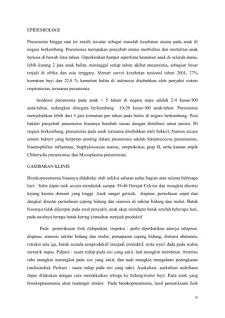16
EPIDEMIOLOGI
Pneumonia hingga saat ini masih tercatat sebagai masalah kesehatan utama pada anak di
negara berkembang. Pneumonia merupakan penyebab utama morbiditas dan mortalitas anak
berusia di bawah lima tahun. Diperkirakan hampir seperlima kematian anak di seluruh dunia,
lebih kurang 2 juta anak balita, meninggal setiap tahun akibat pneumonia, sebagian besar
terjadi di afrika dan asia tenggara. Menurt survei kesehatan nasional tahun 2001, 27%
kematian bayi dan 22,8 % kematian balita di indonesia disebabkan oleh penyakit sistem
respiratorius, terutama pneumonia.
Insidensi pneumonia pada anak < 5 tahun di negara maju adalah 2-4 kasus/100
anak/tahun, sedangkan dinegara berkembang 10-20 kasus/100 anak/tahun. Pneumonia
menyebabkan lebih dari 5 juta kematian per tahun pada balita di negara berkembang. Pola
bakteri penyebab pneumonia biasanya berubah sesuai dengan distribusi umur pasien. Di
negara berkembang, pneumonia pada anak terutama disebabkan oleh bakteri. Namun secara
umum bakteri yang berperan penting dalam pneumonia adalah Streptococcus pneumoniae,
Haemophillus influenzae, Staphylococcus aureus, streptokokus grup B, serta kuman atipik
Chlamydia pneumoniae dan Mycoplasma pneumoniae.
GAMBARAN KLINIS
Bronkopneumonia biasanya didahului oleh infeksi saluran nafas bagian atas selama beberapa
hari. Suhu dapat naik secara mendadak sampai 39-40 Derajat Celcius dan mungkin disertai
kejang karena demam yang tinggi. Anak sangat gelisah, dispnue, pernafasan cepat dan
dangkal disertai pernafasan cuping hidung dan sianosis di sekitar hidung dan mulut. Batuk
biasanya tidak dijumpai pada awal penyakit, anak akan mendapat batuk setelah beberapa hari,
pada awalnya berupa batuk kering kemudian menjadi produktif.
Pada pemeriksaan fisik didapatkan, inspeksi : perlu diperhatikan adanya tahipnue,
dispnue, sianosis sekitar hidung dan mulut, pernapasan cuping hidung, distensi abdomen,
retraksi sela iga, batuk semula nonproduktif menjadi produktif, serta nyeri dada pada waktu
menarik napas. Palpasi : suara redup pada sisi yang sakit, hati mungkin membesar, fremitus
raba mungkin meningkat pada sisi yang sakit, dan nadi mungkin mengalami peningkatan
(tachicardia). Perkusi : suara redup pada sisi yang sakit. Auskultasi, auskultasi sederhana
dapat dilakukan dengan cara mendekatkan telinga ke hidung/mulut bayi. Pada anak yang
bronkopneumonia akan terdengar stridor. Pada bronkopneumonia, hasil pemeriksaan fisik
 