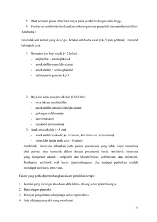 21
 Obat penurun panas diberikan hanya pada penderita dengan suhu tinggi.
 Pemberian antibiotika berdasarkan mikroorganisme penyebab dan manifestasi klinis
Antibiotik :
Bila tidak ada kuman yang dicurigai, berikan antibiotik awal (24-72 jam pertama) menurut
kelompok usia.
1. Neonatus dan bayi muda (< 2 bulan) :
- ampicillin + aminoglikosid
- amoksisillin-asam klavulanat
- amoksisillin + aminoglikosid
- sefalosporin generasi ke-3
2. Bayi dan anak usia pra sekolah (2 bl-5 thn)
- beta laktam amoksisillin
- amoksisillin-amoksisillin klavulanat
- golongan sefalosporin
- kotrimoksazol
- makrolid (eritromisin)
3. Anak usia sekolah (> 5 thn)
- amoksisillin/makrolid (eritromisin, klaritromisin, azitromisin)
- tetrasiklin (pada anak usia > 8 tahun)
Antibiotik intravena diberikan pada pasien pneumonia yang tidak dapat menerima
obat peroral atau termasuk dalam derajat pneumonia berat. Antibiotik intravena
yang dianjurkan adalah : ampisilin dan kloramfenikol, ceftriaxone, dan cefotaxim.
Pemberian antibiotik oral harus dipertimbangkan jika terdapat perbaikan setelah
mendapat antibiotik intra vena.
Faktor yang perlu dipertimbangkan dalam pemilihan terapi :
1. Kuman yang dicurigai atas dasas data klinis, etiologis dan epidemiologis
2. Berat ringan penyakit
3. Riwayat pengobatan selanjutnya serta respon klinis
4. Ada tidaknya penyakit yang mendasari
 