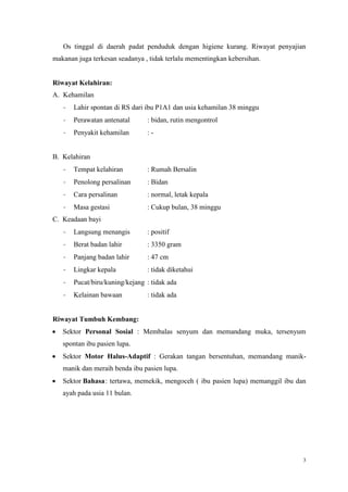 3
Os tinggal di daerah padat penduduk dengan higiene kurang. Riwayat penyajian
makanan juga terkesan seadanya , tidak terlalu mementingkan kebersihan.
Riwayat Kelahiran:
A. Kehamilan
- Lahir spontan di RS dari ibu P1A1 dan usia kehamilan 38 minggu
- Perawatan antenatal : bidan, rutin mengontrol
- Penyakit kehamilan : -
B. Kelahiran
- Tempat kelahiran : Rumah Bersalin
- Penolong persalinan : Bidan
- Cara persalinan : normal, letak kepala
- Masa gestasi : Cukup bulan, 38 minggu
C. Keadaan bayi
- Langsung menangis : positif
- Berat badan lahir : 3350 gram
- Panjang badan lahir : 47 cm
- Lingkar kepala : tidak diketahui
- Pucat/biru/kuning/kejang : tidak ada
- Kelainan bawaan : tidak ada
Riwayat Tumbuh Kembang:
 Sektor Personal Sosial : Membalas senyum dan memandang muka, tersenyum
spontan ibu pasien lupa.
 Sektor Motor Halus-Adaptif : Gerakan tangan bersentuhan, memandang manik-
manik dan meraih benda ibu pasien lupa.
 Sektor Bahasa: tertawa, memekik, mengoceh ( ibu pasien lupa) memanggil ibu dan
ayah pada usia 11 bulan.
 