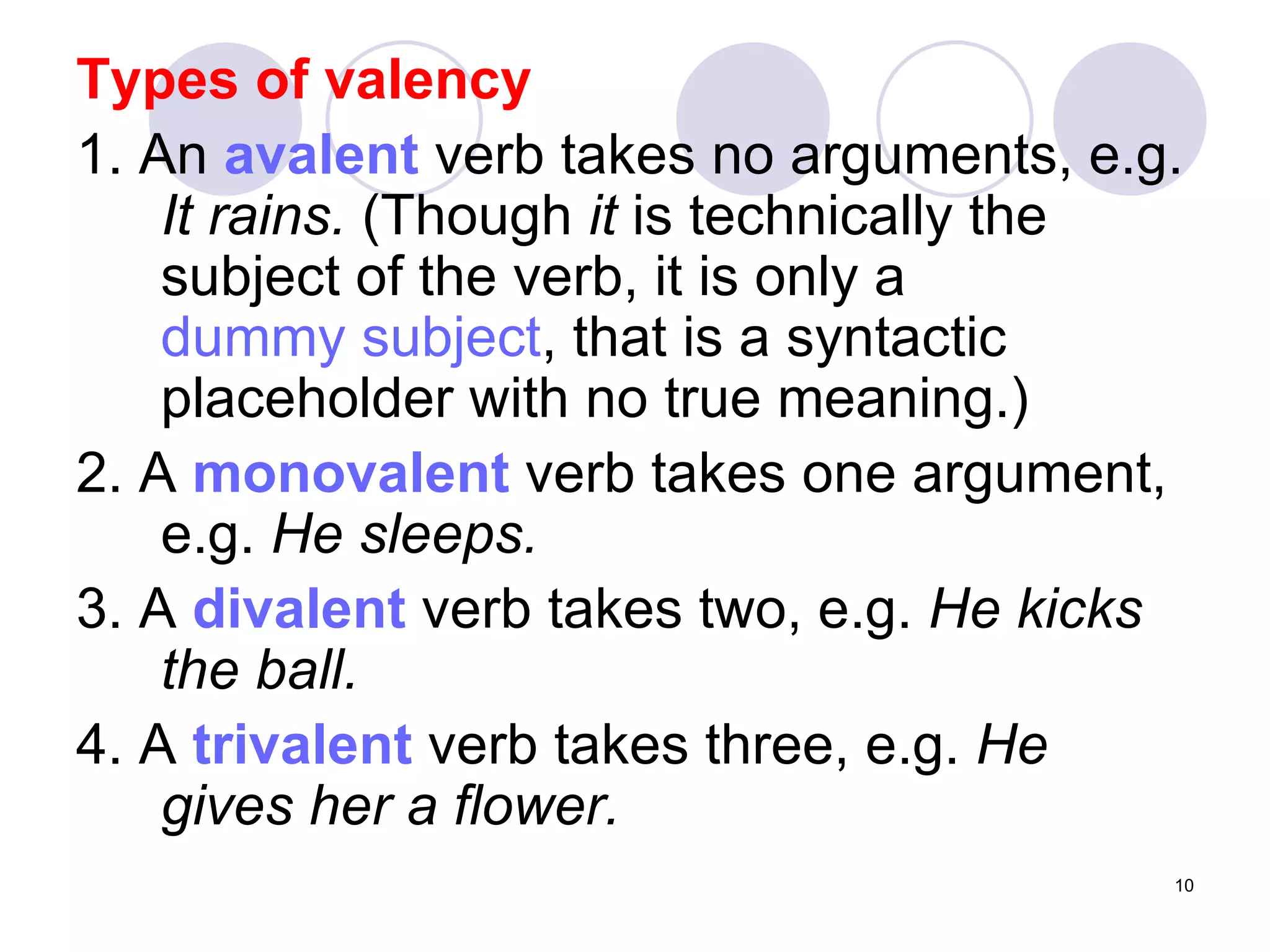 Types of valency 1. An  avalent  verb takes no arguments, e.g.  It rains.  (Though  it  is technically the subject of the verb, it is only a  dummy subject , that is a syntactic placeholder with no true meaning.) 2. A  monovalent  verb takes one argument, e.g.  He sleeps. 3. A  divalent  verb takes two, e.g.  He kicks the ball. 4. A  trivalent  verb takes three, e.g.  He gives her a flower. 