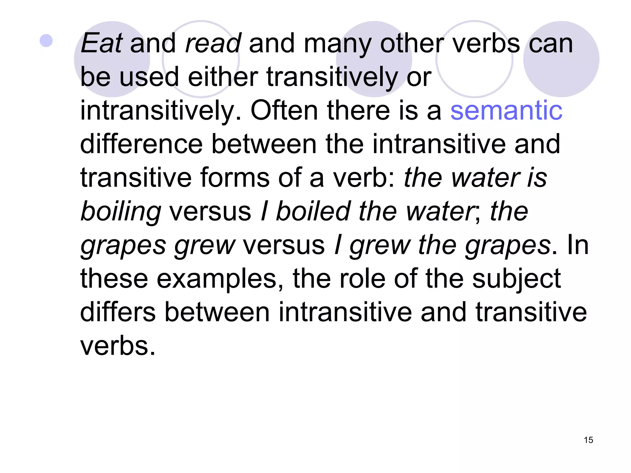 Eat  and  read  and many other verbs can be used either transitively or intransitively. Often there is a  semantic  difference between the intransitive and transitive forms of a verb:  the water is boiling  versus  I boiled the water ;  the grapes grew  versus  I grew the grapes . In these examples, the role of the subject differs between intransitive and transitive verbs. 