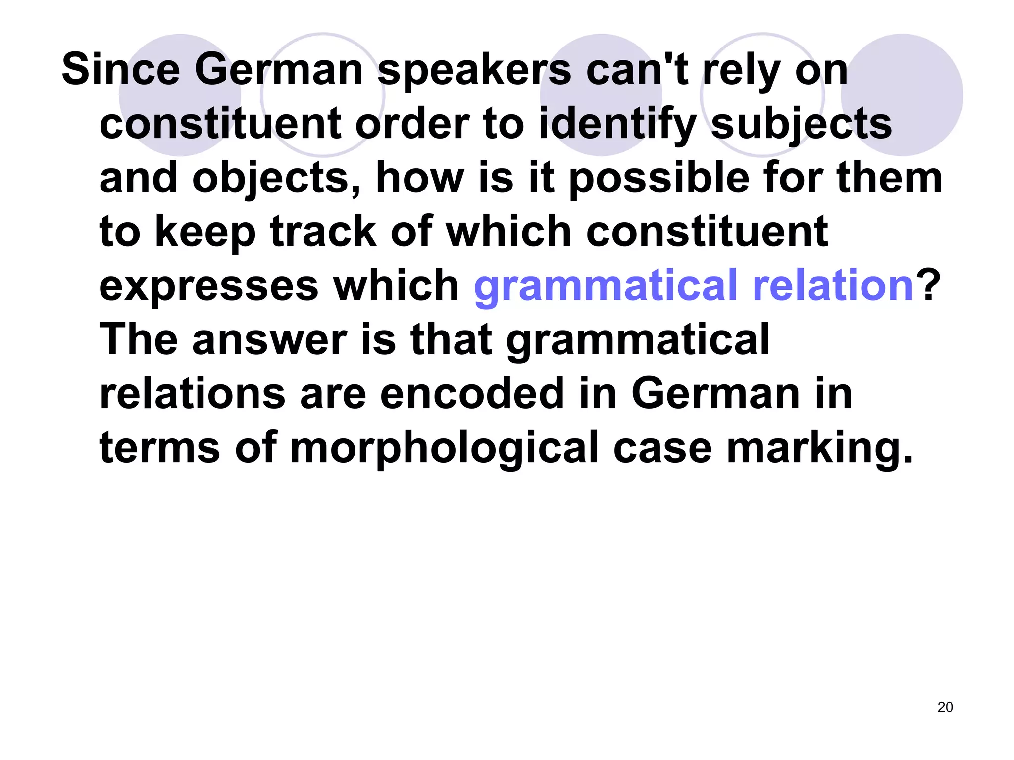 Since German speakers can't rely on constituent order to identify subjects and objects, how is it possible for them to keep track of which constituent expresses which  grammatical relation ? The answer is that grammatical relations are encoded in German in terms of morphological case marking.  