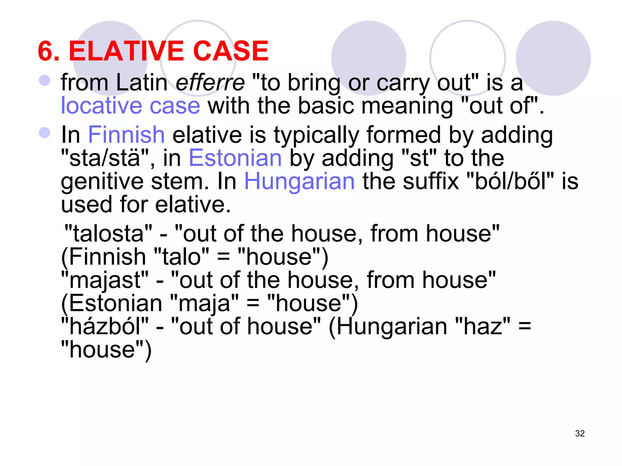 6.   ELATIVE CASE from Latin  efferre  "to bring or carry out" is a  locative   case  with the basic meaning "out of". In  Finnish  elative is typically formed by adding "sta/stä", in  Estonian  by adding "st" to the genitive stem. In  Hungarian  the suffix "ból/ből" is used for elative. "talosta" - "out of the house, from house" (Finnish "talo" = "house") "majast" - "out of the house, from house" (Estonian "maja" = "house") "házból" - "out of house" (Hungarian "haz" = "house") 
