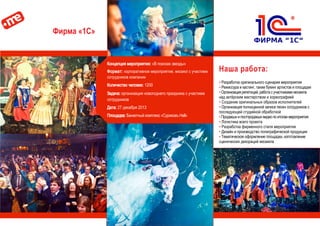 Фирма «1С»
Наша работа:
▪ Разработка оригинального сценария мероприятия
▪ Режиссура и кастинг, также букинг артистов и площадки
▪Организациярепетиций,работасучастникамимюзикла
над актёрским мастерством и хореографией
▪ Создание оригинальных образов исполнителей
▪ Организация полноценной записи песен сотрудников с
последующей студийной обработкой
▪Продакшнипостпродакшнвидеопоитогаммероприятия
▪ Логистика всего проекта
▪ Разработка фирменного стиля мероприятия
▪ Дизайн и производство полиграфической продукции
▪ Тематическое оформление площадки, изготовление
сценических декораций мюзикла
Концепция мероприятия: «В поисках звезды»
Формат: корпоративное мероприятие, мюзикл с участием
сотрудников компании
Количество человек: 1200
Задача: организация новогоднего праздника с участием
сотрудников
Дата: 27 декабря 2013
Площадка: Банкетный комплекс «Суриковъ Hall»
 