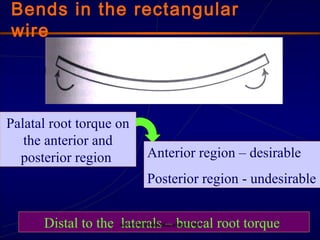 Bends in the rectangular
wire
Palatal root torque on
the anterior and
posterior region
Distal to the laterals – buccal root torque
Anterior region – desirable
Posterior region - undesirable
www.indiandentalacademy.com
 