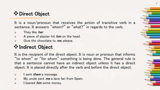 Direct Object
 They like her.
 A piece of plaster hit him on the head.
 Give the chocolate to me, please.
7
It is a noun/pronoun that receives the action of transitive verb in a
sentence. It answers “whom?” or “what?” in regards to the verb.
Indirect Object
It is the recipient of the direct object. It is noun or pronoun that informs
“to whom” or “for whom” something is being done. The general rule is
that a sentence cannot have an indirect object unless it has a direct
object. It is placed directly after the verb and before the direct object.
 I sent them a message.
 My uncle sent me a lace fan from Spain.
 I loaned him some money.
 