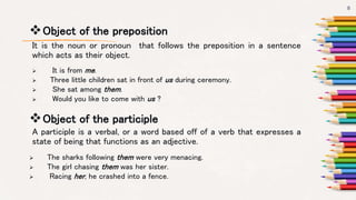 Object of the preposition
 It is from me.
 Three little children sat in front of us during ceremony.
 She sat among them.
 Would you like to come with us ?
8
It is the noun or pronoun that follows the preposition in a sentence
which acts as their object.
Object of the participle
 The sharks following them were very menacing.
 The girl chasing them was her sister.
 Racing her, he crashed into a fence.
A participle is a verbal, or a word based off of a verb that expresses a
state of being that functions as an adjective.
 