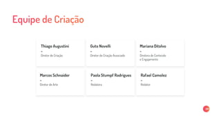 Thiago Augustini
-
Diretor de Criação
Guto Novelli
-
Diretor de Criação Associado
Mariana Ditolvo
-
Diretora de Conteúdo
e Engajamento
Marcos Schnaider
-
Diretor de Arte
Paola Stumpf Rodrigues
-
Redatora
Rafael Camolez
-
Redator
 