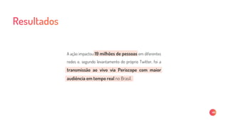 A ação impactou 19 milhões de pessoas em diferentes
redes e, segundo levantamento do próprio Twitter, foi a
transmissão ao vivo via Periscope com maior
audiência em tempo real no Brasil.
 