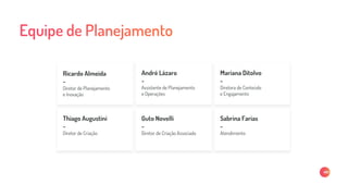 Mariana Ditolvo
-
Diretora de Conteúdo
e Engajamento
Ricardo Almeida
-
Diretor de Planejamento
e Inovação
André Lázaro
-
Assistente de Planejamento
e Operações
Thiago Augustini
-
Diretor de Criação
Guto Novelli
-
Diretor de Criação Associado
Sabrina Farias
-
Atendimento
Lucas Monteiro
-
Diretor de ROI
 