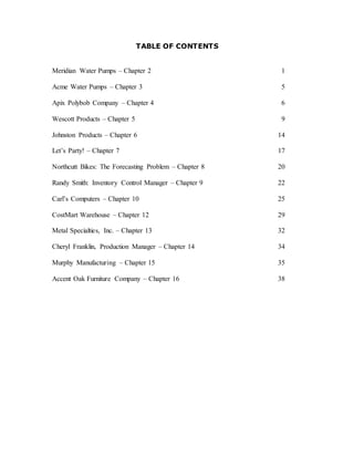 TABLE OF CONTENTS
Meridian Water Pumps – Chapter 2 1
Acme Water Pumps – Chapter 3 5
Apix Polybob Company – Chapter 4 6
Wescott Products – Chapter 5 9
Johnston Products – Chapter 6 14
Let’s Party! – Chapter 7 17
Northcutt Bikes: The Forecasting Problem – Chapter 8 20
Randy Smith: Inventory Control Manager – Chapter 9 22
Carl’s Computers – Chapter 10 25
CostMart Warehouse – Chapter 12 29
Metal Specialties, Inc. – Chapter 13 32
Cheryl Franklin, Production Manager – Chapter 14 34
Murphy Manufacturing – Chapter 15 35
Accent Oak Furniture Company – Chapter 16 38
 