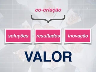 }
co-criação
soluções resultados inovação
VALOR
 