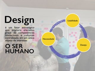 é um fator estratégico
que explora elevados
graus de competências
intelectuais e culturais
centralizado em um único
objeto de interesse:
Necessidade
Usabilidade
Desejo
Design
O SER
HUMANO
 