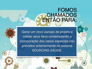 Gerar um novo escopo de projeto e
validar seus itens contemplando a
incorporação dos casos especiais não
previstos anteriormente no sistema
SOURCING SAÚDE.
FOMOS
CHAMADOS
ENTÃO PARA:
 