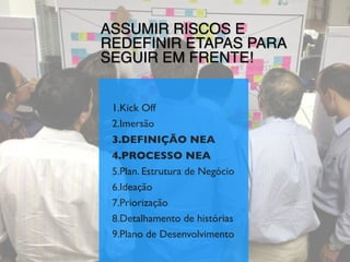 1.Kick Off
2.Imersão
3.DEFINIÇÃO NEA
4.PROCESSO NEA
5.Plan. Estrutura de Negócio
6.Ideação
7.Priorização
8.Detalhamento de histórias
9.Plano de Desenvolvimento
ASSUMIR RISCOS E
REDEFINIR ETAPAS PARA
SEGUIR EM FRENTE!
 