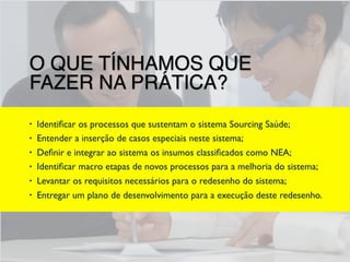 O QUE TÍNHAMOS QUE
FAZER NA PRÁTICA?
• Identiﬁcar os processos que sustentam o sistema Sourcing Saúde;
• Entender a inserção de casos especiais neste sistema;
• Deﬁnir e integrar ao sistema os insumos classiﬁcados como NEA;
• Identiﬁcar macro etapas de novos processos para a melhoria do sistema;
• Levantar os requisitos necessários para o redesenho do sistema;
• Entregar um plano de desenvolvimento para a execução deste redesenho.
 