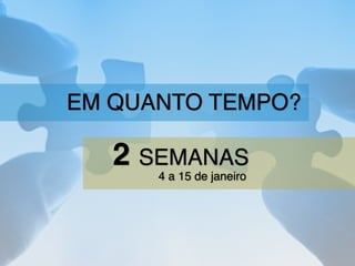 EM QUANTO TEMPO?
2 SEMANAS
4 a 15 de janeiro
 