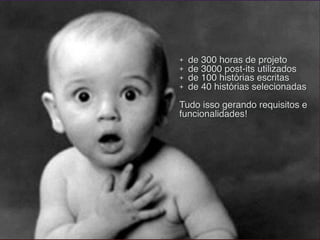 + de 300 horas de projeto
+ de 3000 post-its utilizados
+ de 100 histórias escritas
+ de 40 histórias selecionadas
 
Tudo isso gerando requisitos e
funcionalidades!
 