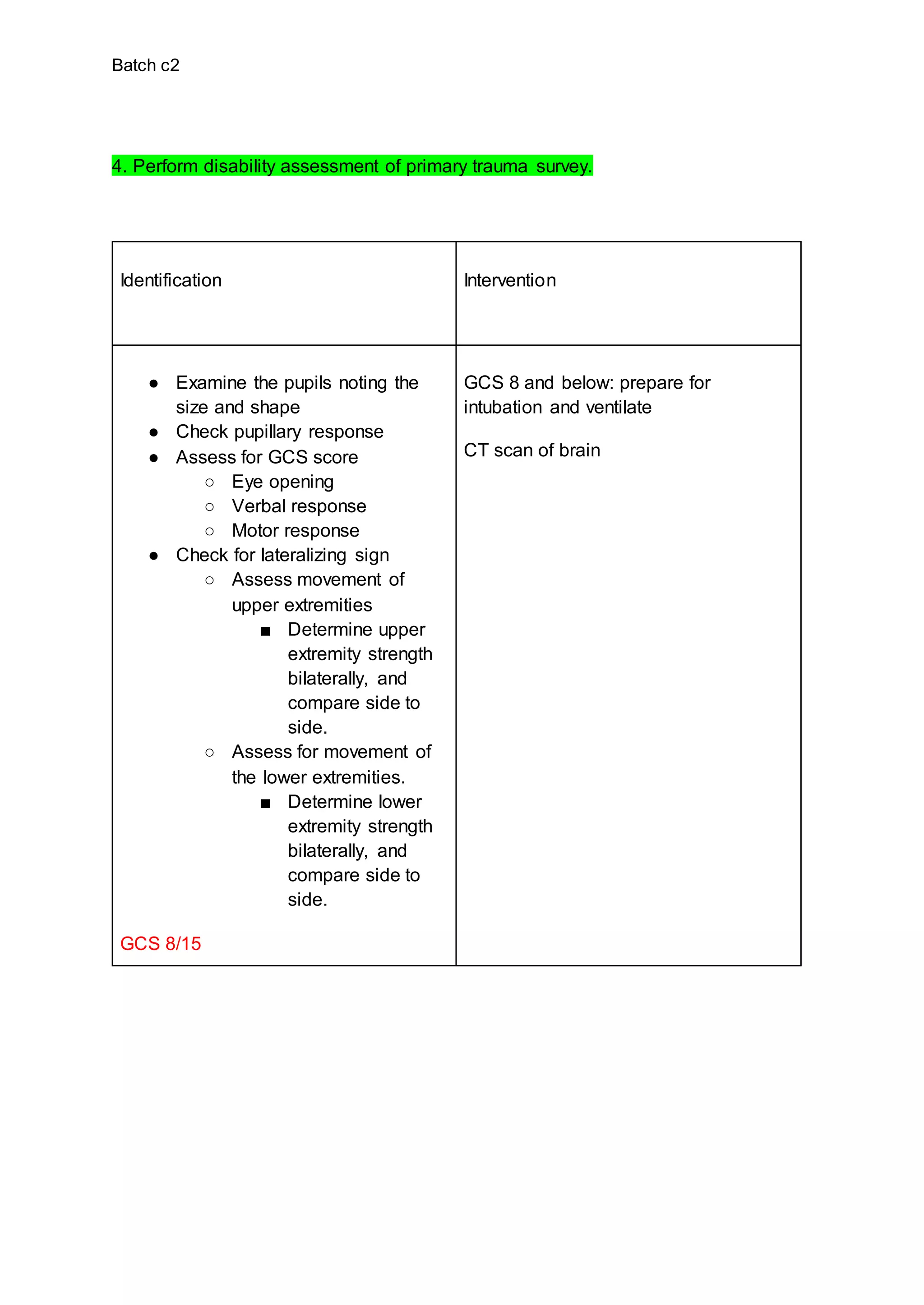 Batch c2
4. Perform disability assessment of primary trauma survey.
Identification Intervention
● Examine the pupils noting the
size and shape
● Check pupillary response
● Assess for GCS score
○ Eye opening
○ Verbal response
○ Motor response
● Check for lateralizing sign
○ Assess movement of
upper extremities
■ Determine upper
extremity strength
bilaterally, and
compare side to
side.
○ Assess for movement of
the lower extremities.
■ Determine lower
extremity strength
bilaterally, and
compare side to
side.
GCS 8/15
GCS 8 and below: prepare for
intubation and ventilate
CT scan of brain
 