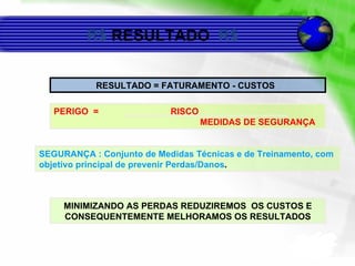 RESULTADO = FATURAMENTO - CUSTOS SEGURANÇA : Conjunto de Medidas Técnicas e de Treinamento, com objetivo principal de prevenir Perdas/Danos . MINIMIZANDO AS PERDAS REDUZIREMOS  OS CUSTOS E CONSEQUENTEMENTE MELHORAMOS OS RESULTADOS R$  RESULTADO  R$ PERIGO  =  RISCO    MEDIDAS DE SEGURANÇA 