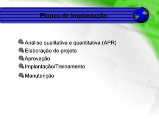 Etapas de Implantação Análise qualitativa e quantitativa  (APR) Elaboração do projeto Aprovação Implantação/Treinamento Manutenção 