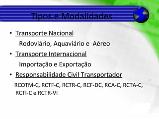 Tipos e Modalidades Transporte Nacional Rodoviário, Aquaviário e  Aéreo Transporte Internacional Importação e Exportação Responsabilidade Civil Transportador RCOTM-C, RCTF-C, RCTR-C, RCF-DC, RCA-C, RCTA-C, RCTI-C e RCTR-VI 