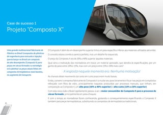 4
O Composto X além de um desempenho superior tinha um peso específico inferior aos materiais utilizados até então.
O conceito estava correto e parecia perfeito, mas um detalhe foi esquecido.
O preço do Composto X era de 30% a 40% superior àqueles materiais.
Qual seria a motivação das montadoras em trocar um material aprovado, que atendia às especificações, por um
ganho de peso entre 10% e 15%, mas com um preço entre 15% e 20% mais caro?
A resposta naquele momento era: Nenhuma motivação!
As chances deste movimento dar certo em curto prazo eram muito baixas.
Então, convenci a empresa fabricante do Composto X a mudar seu posicionamento e focar nas peças em compósitos
reforçado com fibra de vidro, principalmente naquelas produzidas por processos manuais, que tinham, em
comparação ao Composto X, um alto peso (30% a 40% superior) e alto custo (10% a 20% superior).
Com esta nova visão o Brasil rapidamente passou a ser o maior consumidor do Composto X para o processo de
vácuo formado, principalmente em pára-choques.
E com o tempo as montadoras foram conhecendo, gostando e consequentemente especificando o Composto X
também para peças termoplásticas, substituindo os compostos de termoplásticos tradicionais.
Uma grande multinacional fabricante de Plástico no Brasil (compostos de plásticos de
engenharia para extrusão e injeção) queria lançar no Brasil um composto de alto
desempenho (Composto X) para peças em vácuo formado e a estratégia era substituir as
peças atuais feitas em compostos termoplásticos mais baratos, no segmento de transporte.
O composto X além de um desempenho superior tinha um peso especifico inferior aos
materiais utilizados até então. O conceito estava correto e parecia perfeito, mas um detalhe
foi esquecido.
O preço do Composto X era de 30% a 40% superior àqueles materiais. Qual seria a motivação
das montadoras em trocar um material aprovado, que atendia às especificações, por um
ganho de peso entre 10% e 15%, mas com um preço entre 15% e 20% mais caro?
A resposta naquele momento era: Nenhuma motivação! As chances deste movimento dar
Case de sucesso 1
Projeto “Composto X”
Uma grande multinacional fabricante de
Plástico no Brasil (compostos de plásticos
de engenharia para extrusão e injeção)
queria lançar no Brasil um composto
de alto desempenho (Composto X) para
peças em vácuo formado e a estratégia
era substituir as peças atuais feitas em
compostos termoplásticos mais baratos,
no segmento de transporte.
 