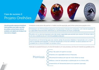 6
Uma das grandes empresas de telefonia tinha decidido trocar toda a sua linha de orelhões no
Brasil inteiro (140 mil unidades) com objetivo de introduzir sua nova marca e imagem.
Entretanto os executivos não queriam o modelo usual de aquisição, pois tinham várias
preocupações como:
- Compravam de 10 fornecedores pequenos com processos manuais em compósitos, com
nível de qualidade e capacidade financeira baixa. Administrar os 10 fornecedores era muito
complicado;
- Escolher um ou dois era impossível, pois não teriam capacidade para atender este volume
(15 mil por mês) e com isto a tendência era um nível de qualidade ainda pior;
- Investimento em ferramentais para este volume, perdas de processo (rebarba) e
manutenção com o tempo, eram as grandes preocupações. O nível de manutenção e troca
dos orelhões, na época passava de 5 mil unidades ano (o tema reciclagem se tornava critico);
A decisão na ocasião foi buscar um único fornecedor e um novo processo, com foco em
Case de sucesso 2
Projeto Orelhões
Entretanto os executivos não queriam o modelo usual de aquisição, pois tinham várias preocupações como:Uma das grandes empresas de telefonia
tinha decidido trocar toda a sua linha
de orelhões no Brasil inteiro (140 mil
unidades) com objetivo de introduzir sua
nova marca e imagem.
Compravam de 10 fornecedores pequenos com processos manuais em compósitos, com nível de qualidade
e capacidade financeira baixa. Administrar os 10 fornecedores era muito complicado.
Escolher um ou dois era impossível, pois não teriam capacidade para atender este volume (15 mil por mês) e
com isto a tendência era um nível de qualidade ainda pior.
Investimento em ferramentais para este volume, perdas de processo (rebarba) e manutenção com o tempo,
eram as grandes preocupações. O nível de manutenção e troca dos orelhões, na época passava de 5 mil
unidades ano (o tema reciclagem se tornava critico).
A decisão na ocasião foi buscar um único fornecedor e um novo processo, com foco em resolver as questões acima.
Preço não pode ser superior ao atual;
Empresa com capacidade técnica e financeira;
Percentual de resíduos tem que ser muito inferior ao atual;
Reduza o nível de manutenção e substituição em no mínimo 50%;
Investimento em ferramental dentro do orçamento aprovado.
Premissas
 