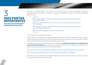 8
Por isso voltamos à importância das perguntas.
Tenho visitado muitas empresas com projetos espetaculares, mas por não terem estudado o mercado, seus gaps,
modelo de negócio, proposta de valor e suas competências essenciais, elas fracassam e muitas vezes até “quebram”.
No desenvolvimento de novas aplicações não podemos ser superficiais.
Entretanto para o processo não ser longo e atrasar a implantação, precisamos de equipes com conhecimento e
extremamente determinadas. No cenário atual e também futuro, se levarmos muito tempo para desenvolver um
produto ou solução, podemos perder o “time” da oportunidade.
Outro erro comum das organizações é investir pesadamente no produto
físico e se esquecer de criar um modelo de negócio imbatível.
Por melhor que seja o produto, sem um modelo de negócio estruturado, diferenciado e que faça sentido, as chances
de qualquer projeto dar certo, diminuem muito.
3DOIS PONTOS
IMPORTANTES
CRIAR MODELOS DIFERENCIADOS E
PODER REPLICAR A APLICAÇÃO.
Não existe um modelo padrão ou uma receita única para desenvolver uma solução completa ou produto e
principalmente para consolida-lo no mercado. Porque para cada aplicação existem características e necessidade
diferentes como:
Em cada segmento, podem haver diferenças significativas sobre quem influencia e
decide a compra.
Qual a percepção de valor? Às vezes vamos com uma proposta de valor que não é
a do cliente.
Legislações vigentes e regras sólidas de mercado que possam impedir a entrada de
novos players ou materiais.
Cultura do país, estado, município e da organização.
 