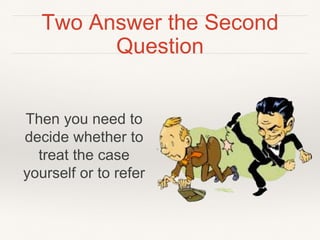 Two Answer the Second 
Question 
Then you need to 
decide whether to 
treat the case 
yourself or to refer 
 