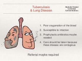 Tuberculosis 
& Lung Disease 
Medically Related 
Contended 
Contraindications 
1. Poor oxygenation of the blood 
2. Susceptible to infection 
3. Prophylactic antibiotics maybe 
needed 
4. Care should be taken because 
these disease are contagious 
Referral maybe required 
 