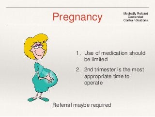 Pregnancy Medically Related 
Contended 
Contraindications 
1. Use of medication should 
be limited 
2. 2nd trimester is the most 
appropriate time to 
operate 
Referral maybe required 
 