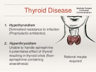 Thyroid Disease Medically Related 
Contended 
Contraindications 
1. Hypothyroidism 
Diminished resistance to infection 
(Prophylactic antibiotics) 
2. Hyperthryoidism 
Unable to handle epinephrine 
it potentiates effect of thyroid 
resulting in thyroid crisis (Non-epinephrine 
containing 
anaesthesia) 
Referral maybe 
required 
 