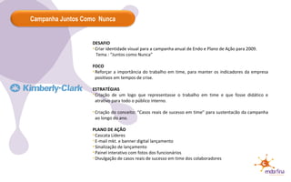 DESAFIO Criar identidade visual para a campanha anual de Endo e Plano de Ação para 2009.  Tema : “Juntos como Nunca” FOCO Reforçar a importância do trabalho em time, para manter os indicadores da empresa positivos em tempos de crise. ESTRATÉGIAS  Criação de um logo que representasse o trabalho em time e que fosse didático e atrativo para todo o público interno.  Criação do conceito: “Casos reais de sucesso em time” para sustentacão da campanha ao longo do ano.  PLANO DE AÇÃO Cascata Líderes E-mail mkt. e banner digital lançamento Sinalização de lançamento Painel interativo com fotos dos funcionários  Divulgação de casos reais de sucesso em time dos colaboradores Campanha Juntos Como  Nunca 