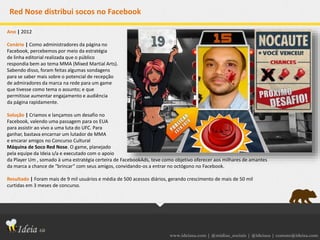www.ideiasa.com | @midias_sociais | @ideiasa | contato@ideisa.com
Red Nose distribui socos no Facebook
Ano | 2012
Cenário | Como administradores da página no
Facebook, percebemos por meio da estratégia
de linha editorial realizada que o público
respondia bem ao tema MMA (Mixed Martial Arts).
Sabendo disso, foram feitas algumas sondagens
para se saber mais sobre o potencial de recepção
de admiradores da marca na rede para um game
que tivesse como tema o assunto; e que
permitisse aumentar engajamento e audiência
da página rapidamente.
Solução | Criamos e lançamos um desafio no
Facebook, valendo uma passagem para os EUA
para assistir ao vivo a uma luta do UFC. Para
ganhar, bastava encarnar um lutador de MMA
e encarar amigos no Concurso Cultural
Máquina de Soco Red Nose. O game, planejado
pela equipe da Ideia s/a e executado com o apoio
da Player Um , somado à uma estratégia certeira de FacebookAds, teve como objetivo oferecer aos milhares de amantes
da marca a chance de “brincar” com seus amigos, convidando-os a entrar no octógono no Facebook.
Resultado | Foram mais de 9 mil usuários e média de 500 acessos diários, gerando crescimento de mais de 50 mil
curtidas em 3 meses de concurso.
 