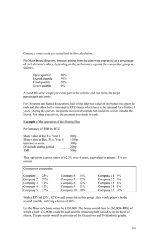 110
Currency movements are neutralised in this calculation.
For Main Board directors, bonuses arising from the plan were expressed as a percentage
of each director's salary, depending on the performance against the comparator group as
follows:
Upper quartile 60%
Second quartile 40%
Third quartile 20%
Lower quartile 0%
Around 180 other employees took part in the scheme and, for them, the target
percentages are lower.
For Directors and Senior Executives, half of the after tax value of the bonus was given in
cash and the other half is invested in RTZ shares which have to be retained for a further 3
years. During this period, recipients received dividends but could not sell or transfer the
shares. For other executives, the payment was made in cash.
Example of the operation of the Mining Plan
Performance of TSR by RTZ
Share value at Jan 1st, Year 1 800p
Share value at Dec. 31st, Year 4 1100p
Increase in value 300p
Dividends during period 200p
TSR 500p
This represents a gross return of 62.5% over 4 years, equivalent to around 13% per
annum.
Comparator companies:
Company 1 25% Company 6 14% Company 11 9%
Company 2 20% Company 7 12% Company 12 6%
Company 3 19% Company 8 12% Company 13 4%
Company 4 17% Company 9 11% Company 14 1%
Company 5 16% Company 10 10% Company 15 -2%
With a TSV of 13% , RTZ would come 6th in this group ; this would place it in the
second quartile, entitling a bonus of 40%.
Let the Director's basic salary be £150,000. The bonus would then be £60,000 (40%) of
which a half (£30,000) would be cash and the remaining half would be in the form of
shares. The payments would be pro rata-ed for Executives and Professional grades.
 