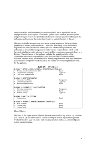 129
there were only a small number of jobs to be compared. It was argued that was not
appropriate to set up a complete factor-points system with a complex gradation just to
compare two jobs. It was also pointed out that such a complex system would magnify the
differences and minimise the similarities which was against the spirit of the Act.
The report's detailed analysis came up with the general assessment that a very large
proportion of the two jobs were similar. These were the training skills, the resource
responsibilities, the concentration and the physical effort/working conditions. The
differences in favour of the comparator were the service responsibilities which could
have a direct effect upon the sales performance and the reporting arrangements direct to a
Director. Those in favour of the applicant included the wider knowledge of the
organisation, the contact responsibilities, and the wider field of problem-solving
activities. In other words, the more focused training responsibilities with their immediate
outcome of the comparator was balanced by the broader and more long-term outcomes
for the applicant.
Table 19.1 - EOC Report
FACTOR 1 - KNOWLEDGE AND SKILLS REQUIRED FOR THE JOB
• Training and other interpersonal skills Equal
• Organisational knowledge Applicant
• Other skills and knowledge Equal
FACTOR 2 - RESPONSIBILITIES
• Service responsibilities Comparator
• Contact responsibilities Applicant
• Resource responsibilities Equal
FACTOR 3 - INITIATIVE / INDEPENDENCE
• Reporting arrangements Comparator
• Decision making Equal
• Problem solving Applicant
FACTOR 4 - MENTAL EFFORT
• Concentration Equal
FACTOR 5 - PHYSICAL EFFORT/WORKING CONDITIONS
• Work locations Equal
• Physical effort Equal
• Hours of work Equal
The LCS Report
The basis of this report was an informal Hay-type approach looking at three key elements
(see Table 19. 2) This approach was chosen as both jobs were at a junior management
level and therefore ideal for such a well-proven evaluation method. A simplified points
system was put in place.
 